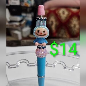 Handmade Blue Labubu Character Pen with Rhinestone Detail